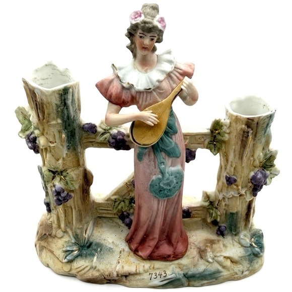 Other - Antique German Bisque Lute Player Figurine Double Spill Vase Grape Vines c.1900